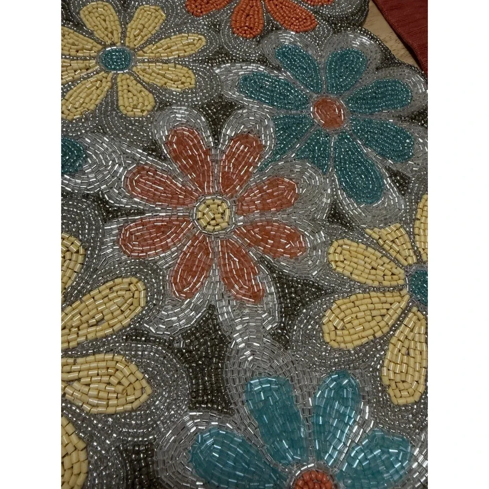 World Traveler‎ India Hand Beaded Table Runner 13x36 Floral Boho Retro